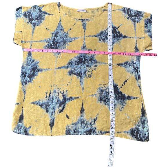 Bellambia Italy Linen Boxy Top Size L Blouse Cap Sleeve Yellow Blue Tie Dye - Picture 4 of 10